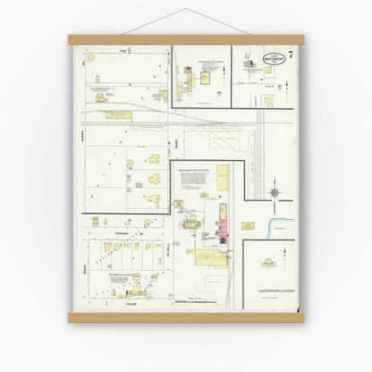 Old map wall art mockup — magnetic wood frame on white wall — Sanborn Fire Insurance Map from Whitewright, Grayson County, Texas (1911), Sheet #0007