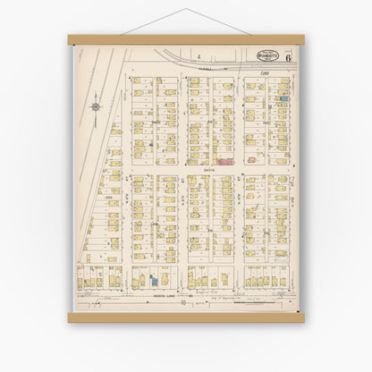 Old map wall art mockup — magnetic wood frame on white wall — Sanborn Fire Insurance Map from Wyandotte, Wayne County, Michigan (1922), Sheet #0006