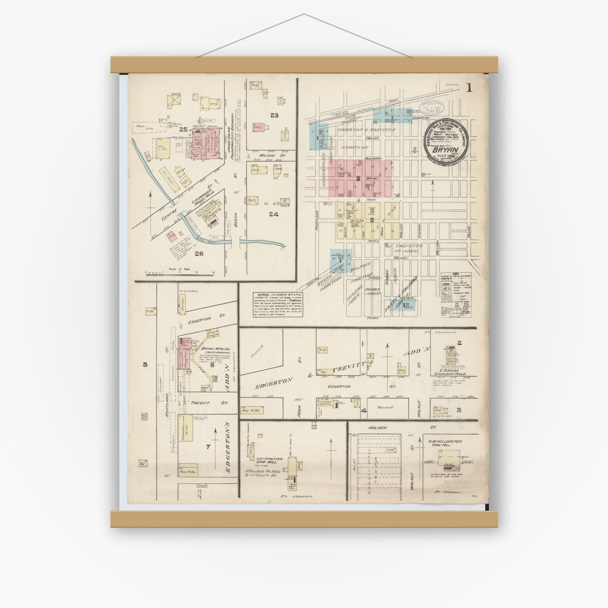 Old map wall art mockup — magnetic wood frame on white wall — Sanborn Fire Insurance Map from Bryan, Williams County, Ohio (1884), Sheet #0001