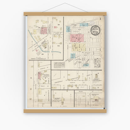 Old map wall art mockup — magnetic wood frame on white wall — Sanborn Fire Insurance Map from Bryan, Williams County, Ohio (1884), Sheet #0001