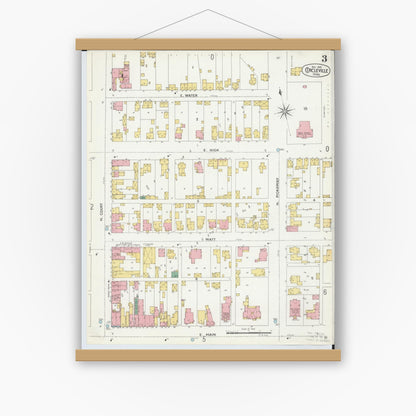 Old map wall art mockup — magnetic wood frame on white wall — Sanborn Fire Insurance Map from Circleville, Pickaway County, Ohio (1899), Sheet #0003