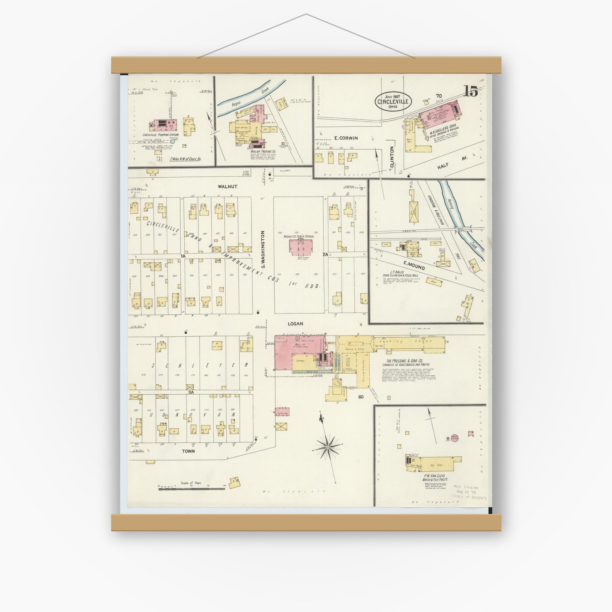Old map wall art mockup — magnetic wood frame on white wall — Sanborn Fire Insurance Map from Circleville, Pickaway County, Ohio (1907), Sheet #0015