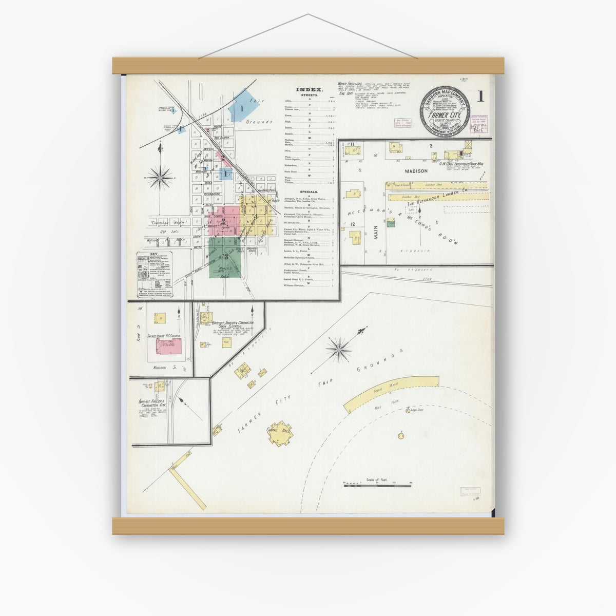 Old map wall art mockup — magnetic wood frame on white wall — Sanborn Fire Insurance Map from Farmer City, De Witt County, Illinois (1906) - Complete Map Set