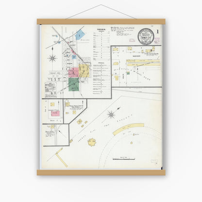 Old map wall art mockup — magnetic wood frame on white wall — Sanborn Fire Insurance Map from Farmer City, De Witt County, Illinois (1906) - Complete Map Set