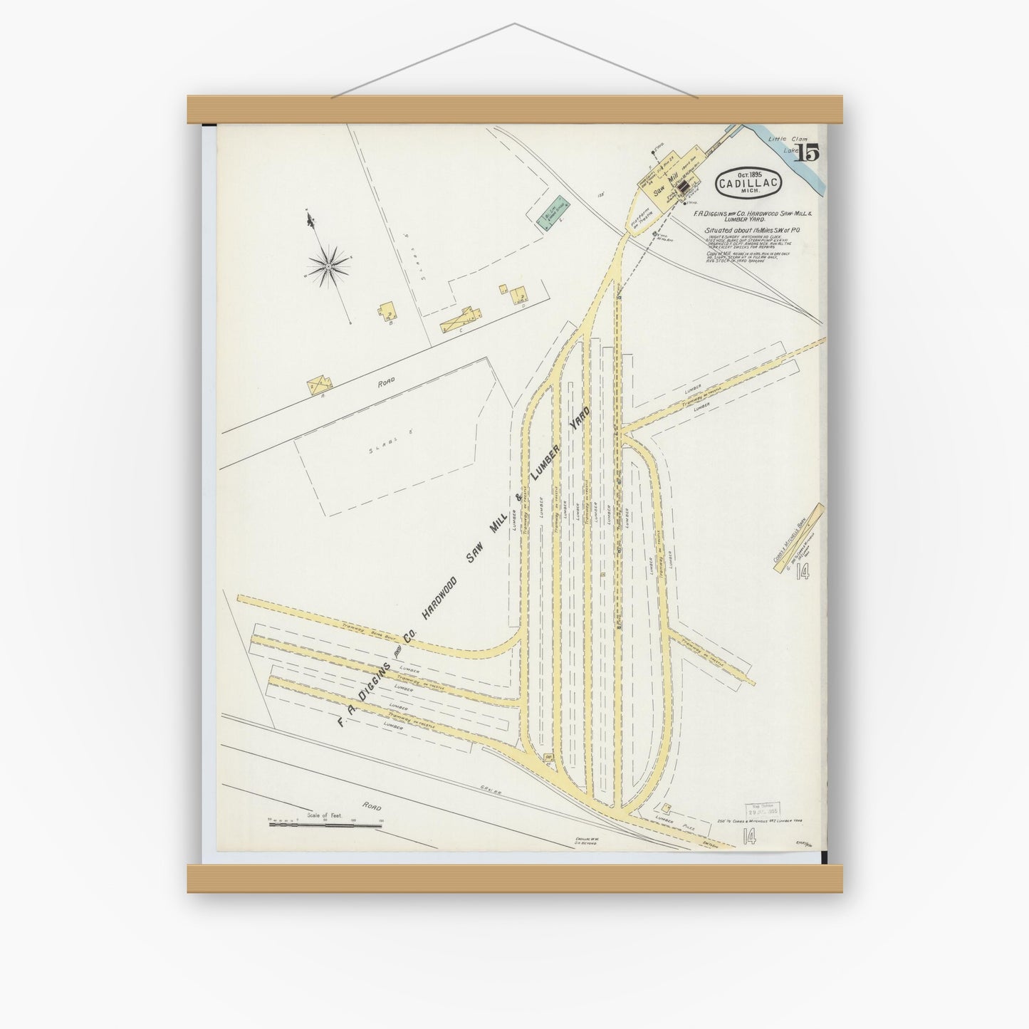 Old map wall art mockup — magnetic wood frame on white wall — Sanborn Fire Insurance Map from Cadillac, Wexford County, Michigan (1895), Sheet #0015