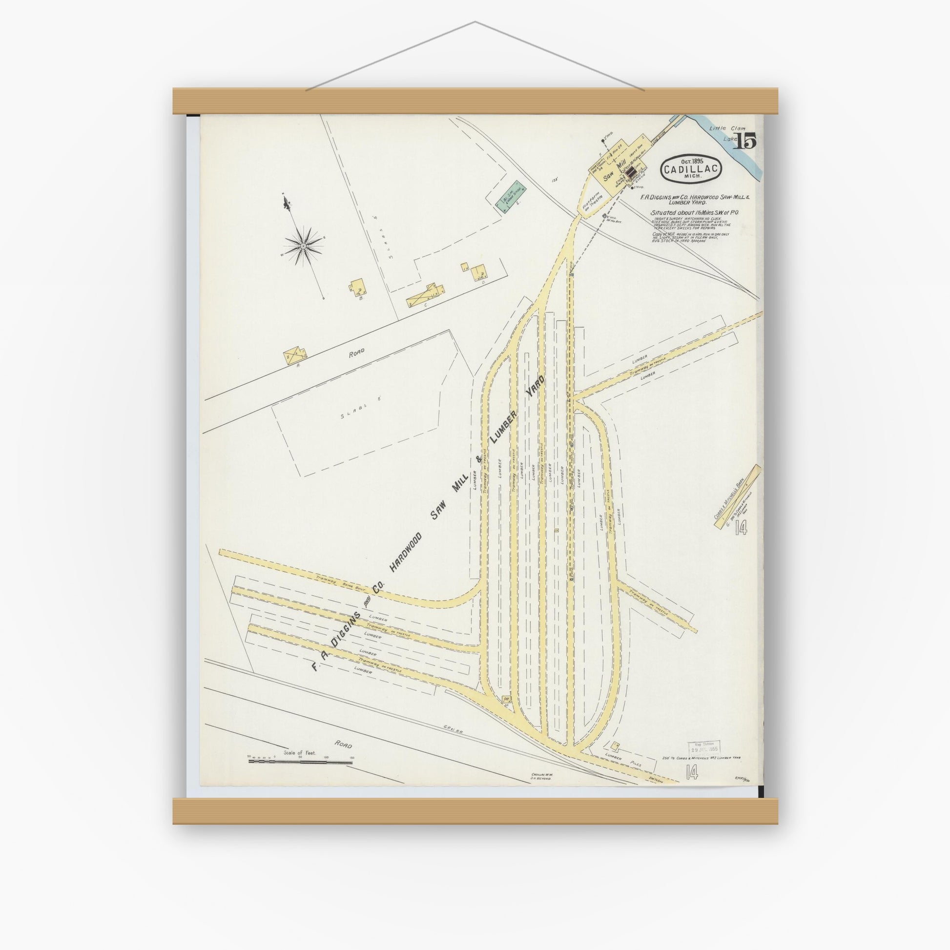 Old map wall art mockup — magnetic wood frame on white wall — Sanborn Fire Insurance Map from Cadillac, Wexford County, Michigan (1895), Sheet #0015