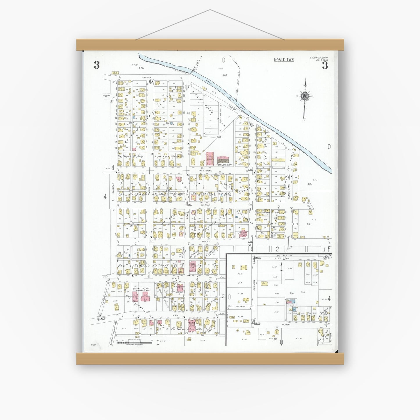 Old map wall art mockup — magnetic wood frame on white wall — Sanborn Fire Insurance Map from Caldwell, Noble County, Ohio (1948), Sheet #0003