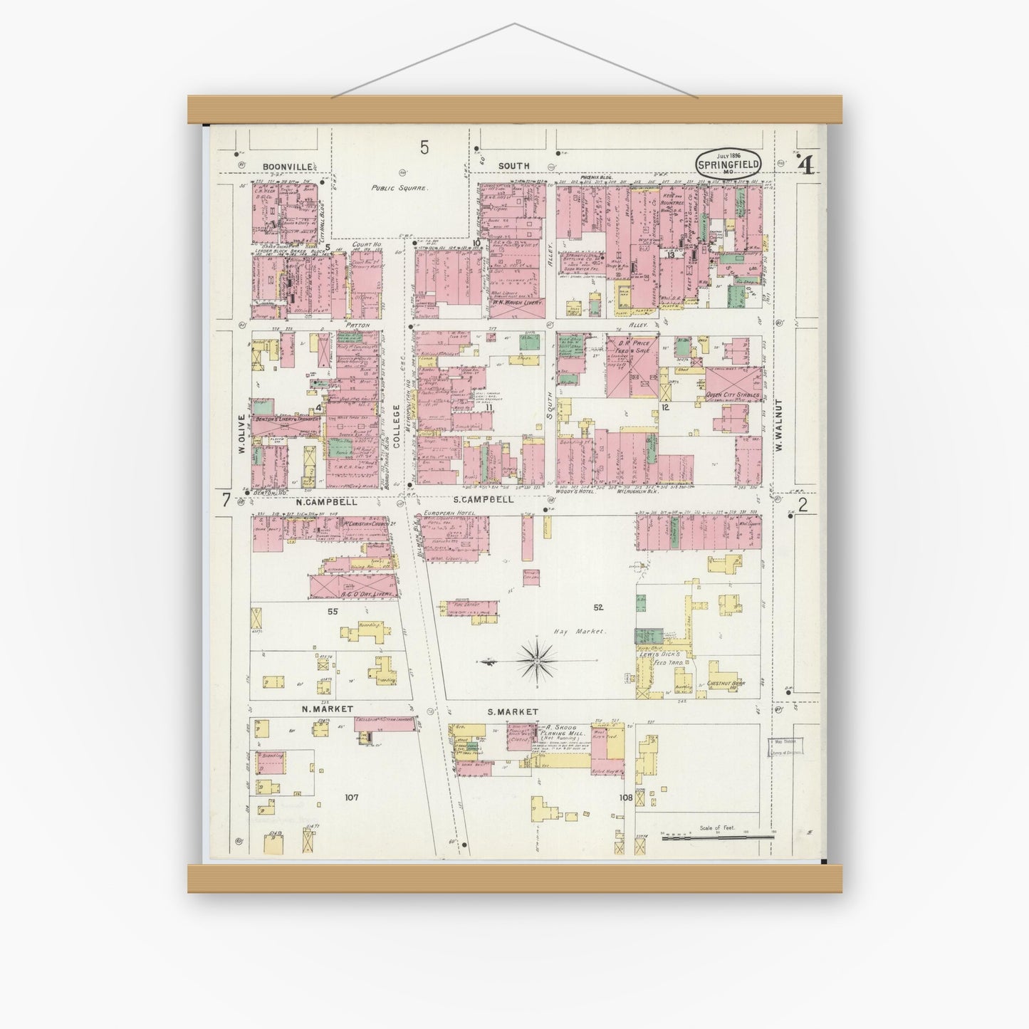 Old map wall art mockup — magnetic wood frame on white wall — Sanborn Fire Insurance Map from Springfield, Greene County, Missouri (1896), Sheet #0004