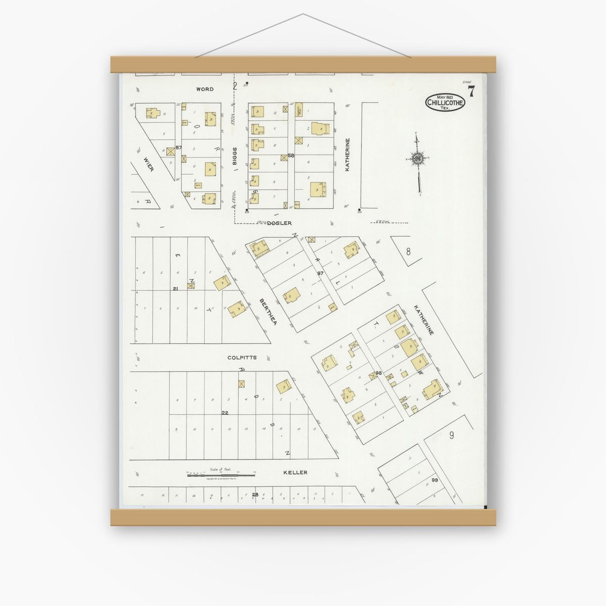 Old map wall art mockup — magnetic wood frame on white wall — Sanborn Fire Insurance Map from Chillicothe, Hardeman County, Texas (1921), Sheet #0007