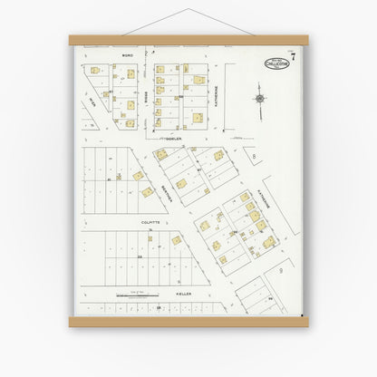 Old map wall art mockup — magnetic wood frame on white wall — Sanborn Fire Insurance Map from Chillicothe, Hardeman County, Texas (1921), Sheet #0007