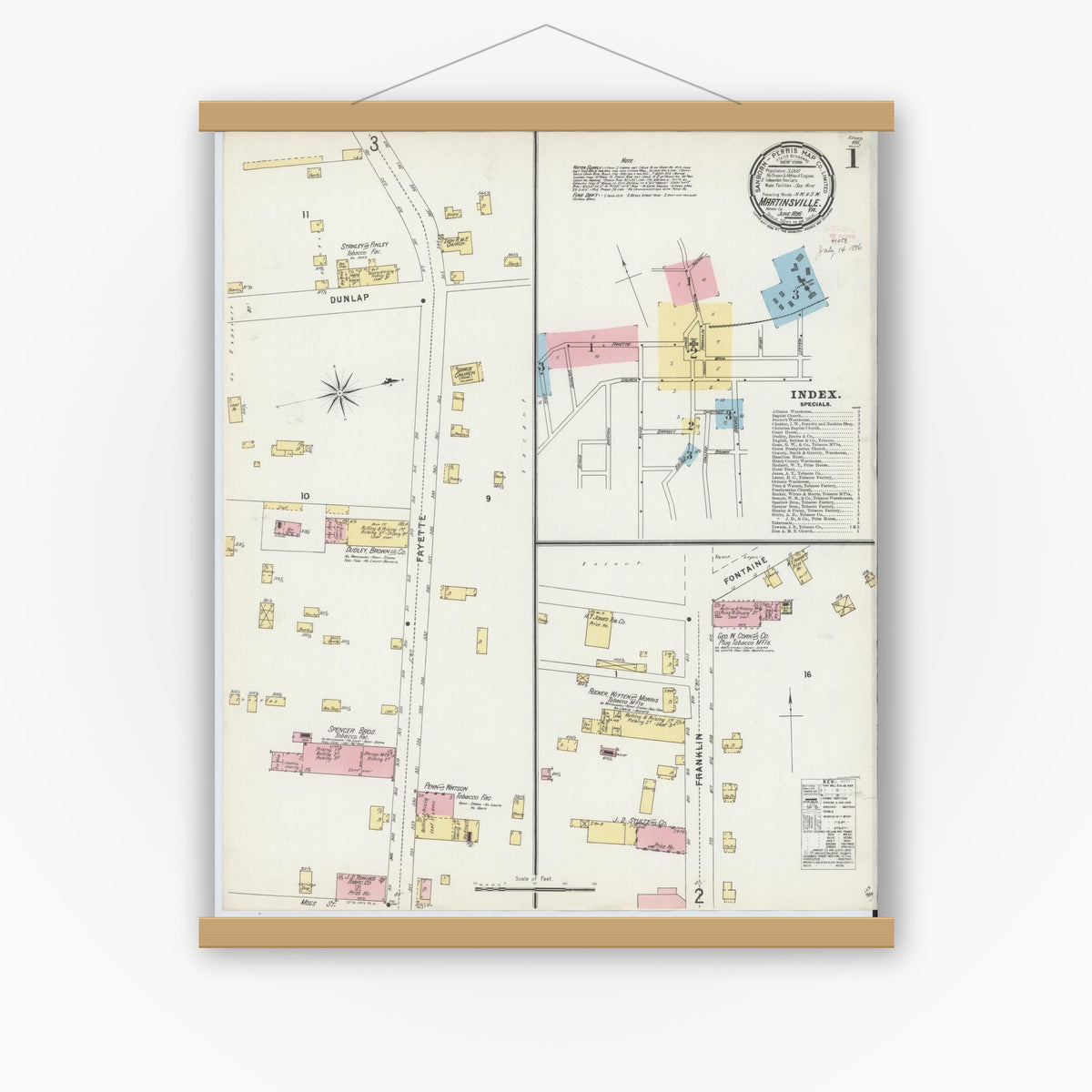 Old map wall art mockup — magnetic wood frame on white wall — Sanborn Fire Insurance Map from Martinsville, Independent Cities, Virginia (1896) - Complete Map Set