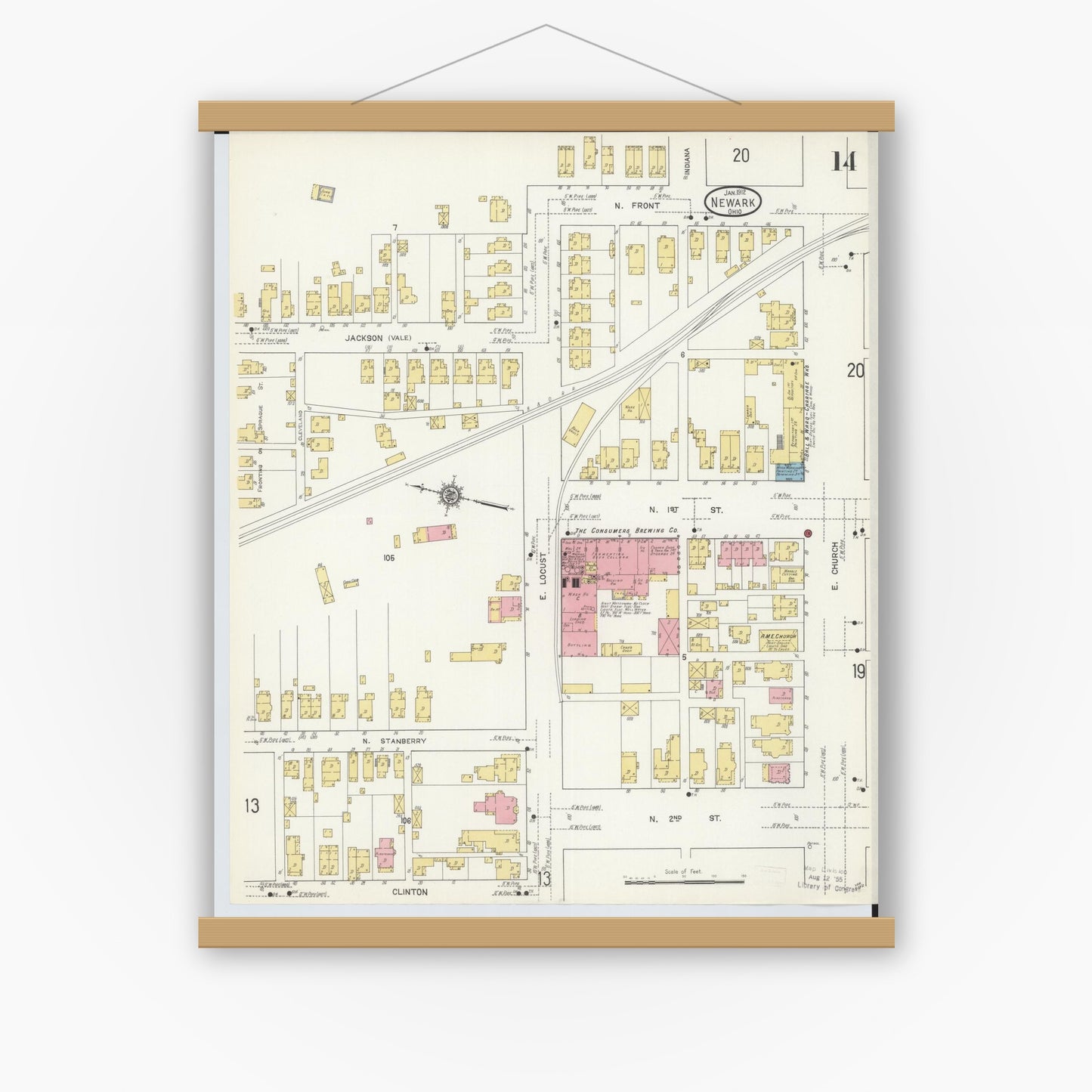 Old map wall art mockup — magnetic wood frame on white wall — Sanborn Fire Insurance Map from Newark, Licking County, Ohio (1912), Sheet #0014