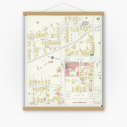 Old map wall art mockup — magnetic wood frame on white wall — Sanborn Fire Insurance Map from Newark, Licking County, Ohio (1912), Sheet #0014