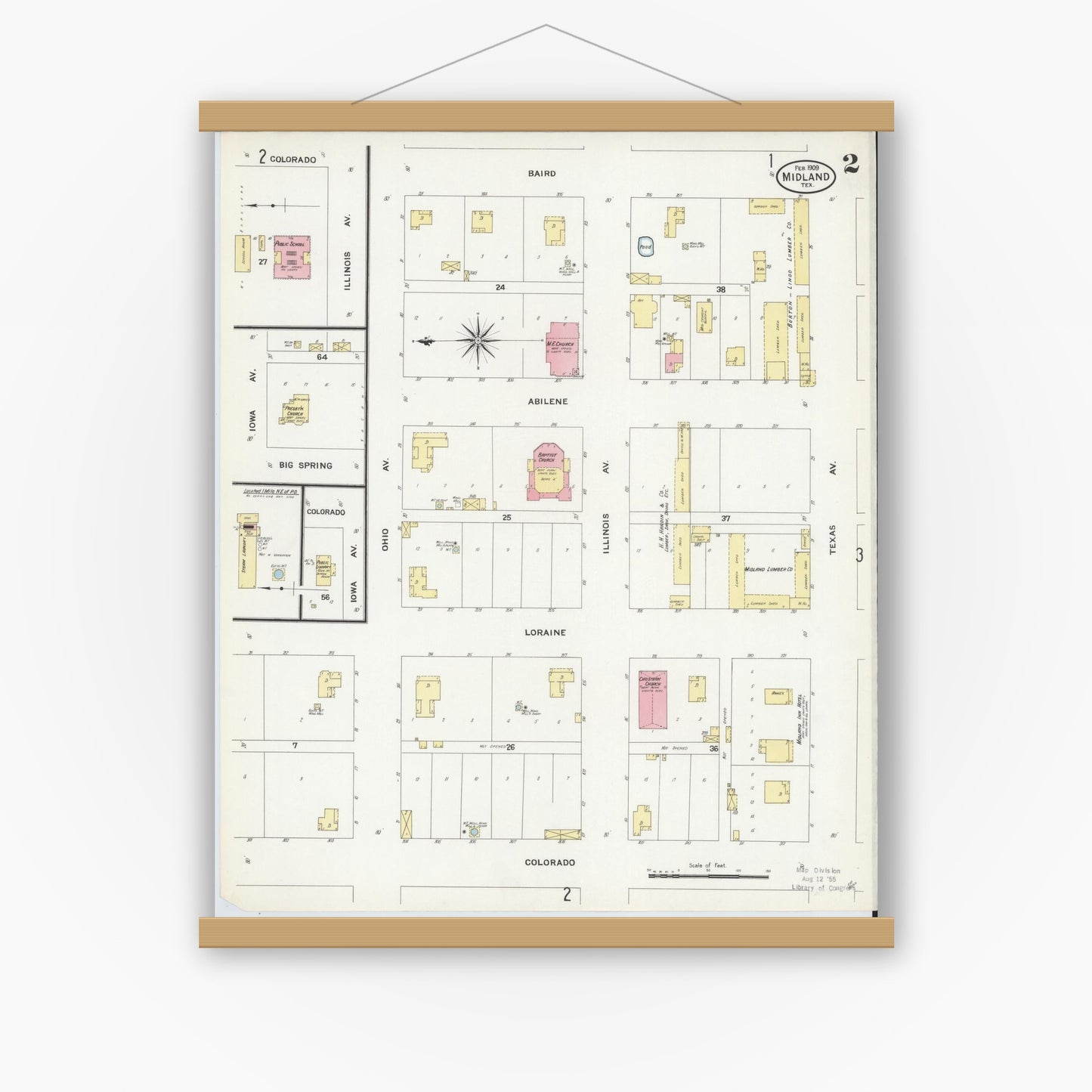 Old map wall art mockup — magnetic wood frame on white wall — Sanborn Fire Insurance Map from Midland, Midland County, Texas (1909), Sheet #0002