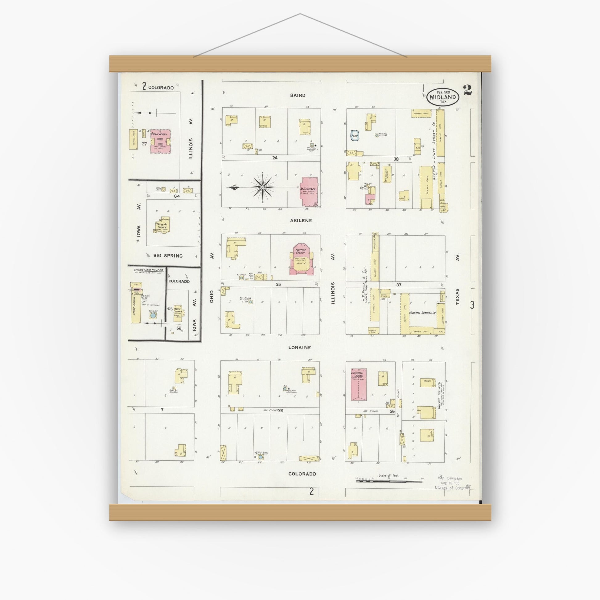 Old map wall art mockup — magnetic wood frame on white wall — Sanborn Fire Insurance Map from Midland, Midland County, Texas (1909), Sheet #0002