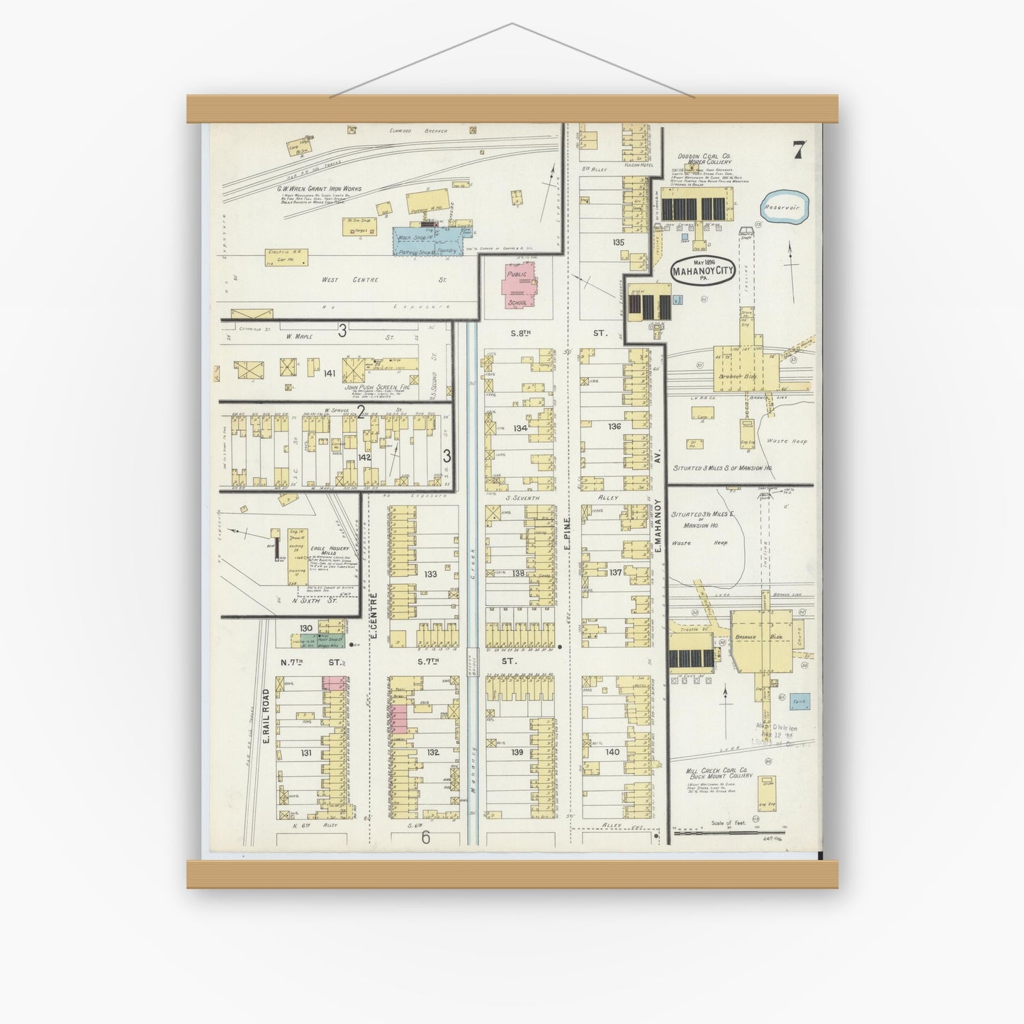 Old map wall art mockup — magnetic wood frame on white wall — Sanborn Fire Insurance Map from Mahanoy City, Schuylkill County, Pennsylvania (1896), Sheet #0007