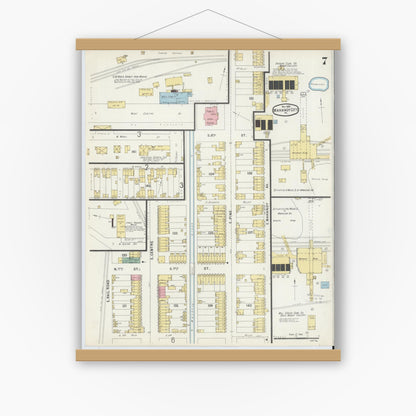 Old map wall art mockup — magnetic wood frame on white wall — Sanborn Fire Insurance Map from Mahanoy City, Schuylkill County, Pennsylvania (1896), Sheet #0007