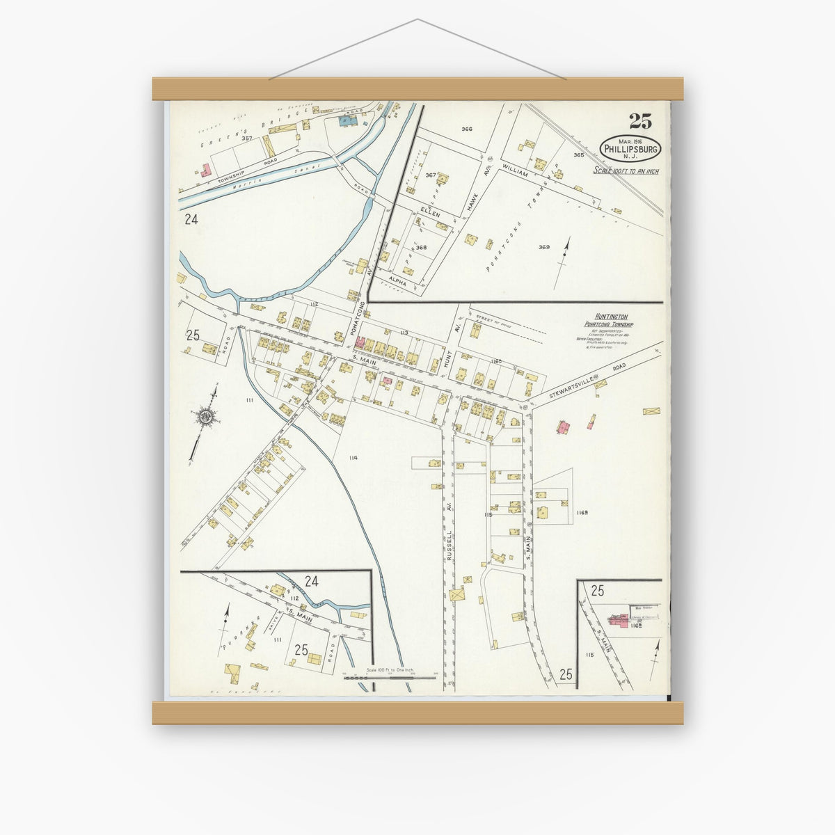 Old map wall art mockup — magnetic wood frame on white wall — Sanborn Fire Insurance Map from Phillipsburg, Warren County, New Jersey (1916), Sheet #0025