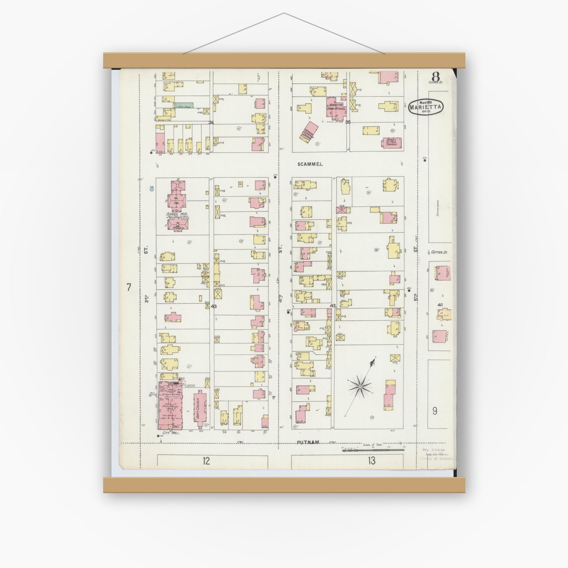 Old map wall art mockup — magnetic wood frame on white wall — Sanborn Fire Insurance Map from Marietta, Washington County, Ohio (1896), Sheet #0008