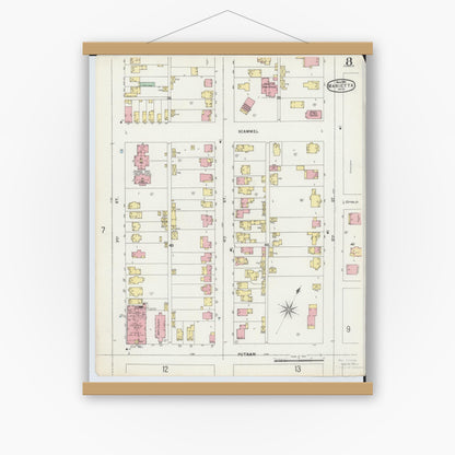 Old map wall art mockup — magnetic wood frame on white wall — Sanborn Fire Insurance Map from Marietta, Washington County, Ohio (1896), Sheet #0008