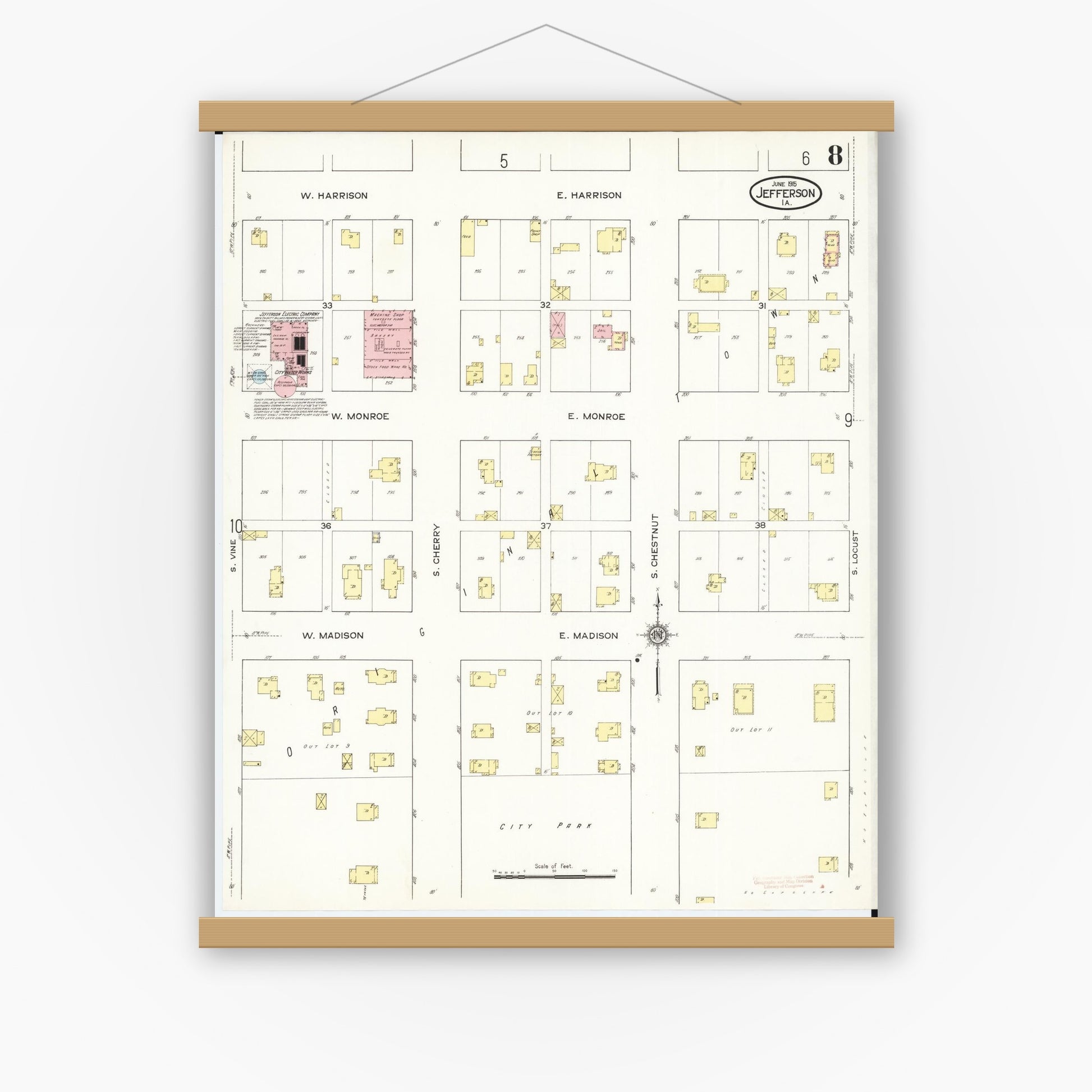 Old map wall art mockup — magnetic wood frame on white wall — Sanborn Fire Insurance Map from Jefferson, Greene County, Iowa (1915), Sheet #0008
