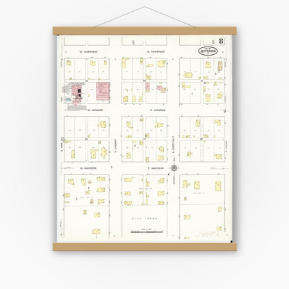 Old map wall art mockup — magnetic wood frame on white wall — Sanborn Fire Insurance Map from Jefferson, Greene County, Iowa (1915), Sheet #0008