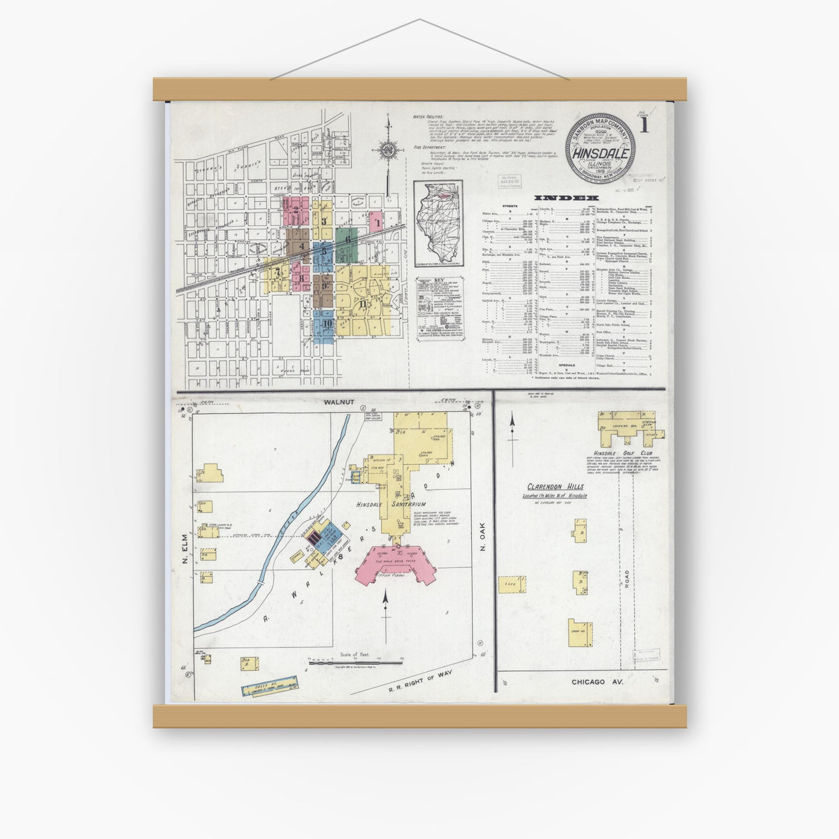Old map wall art mockup — magnetic wood frame on white wall — Sanborn Fire Insurance Map from Hinsdale, Du Page And Cook Counties, Illinois (1919) - Complete Map Set