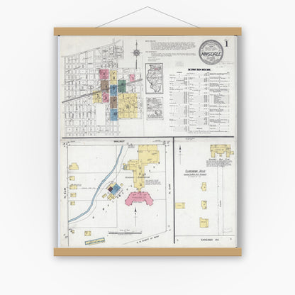 Old map wall art mockup — magnetic wood frame on white wall — Sanborn Fire Insurance Map from Hinsdale, Du Page And Cook Counties, Illinois (1919) - Complete Map Set