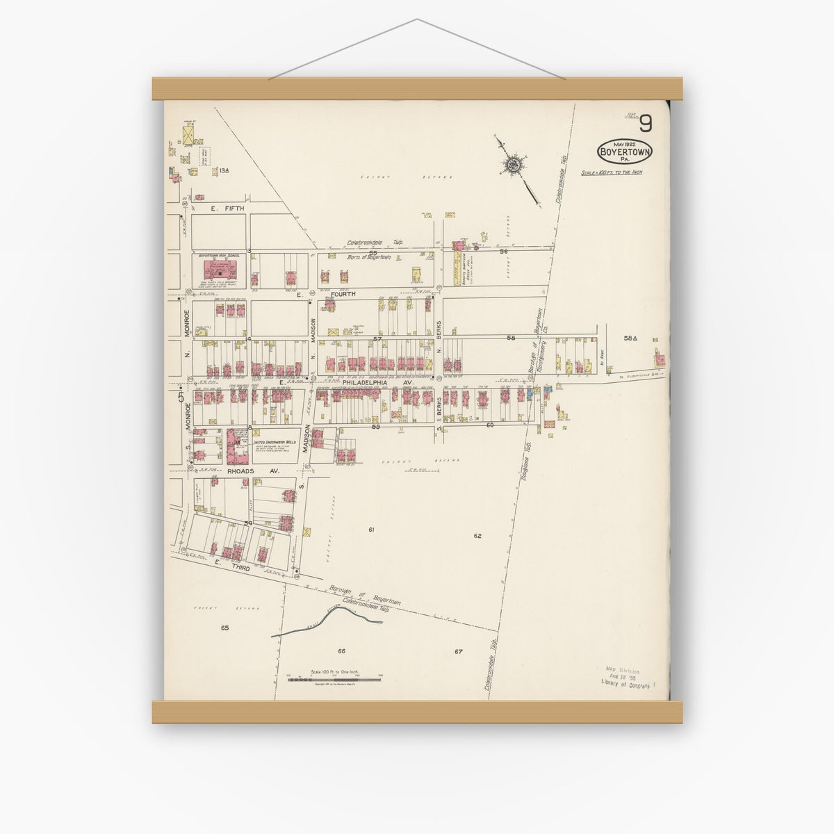 Old map wall art mockup — magnetic wood frame on white wall — Sanborn Fire Insurance Map from Boyertown, Berks County, Pennsylvania (1922), Sheet #0009
