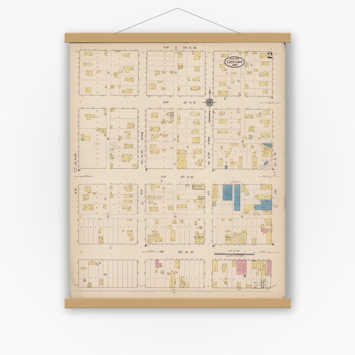 Old map wall art mockup — magnetic wood frame on white wall — Sanborn Fire Insurance Map from Cass Lake, Cass County, Minnesota (1922), Sheet #0002