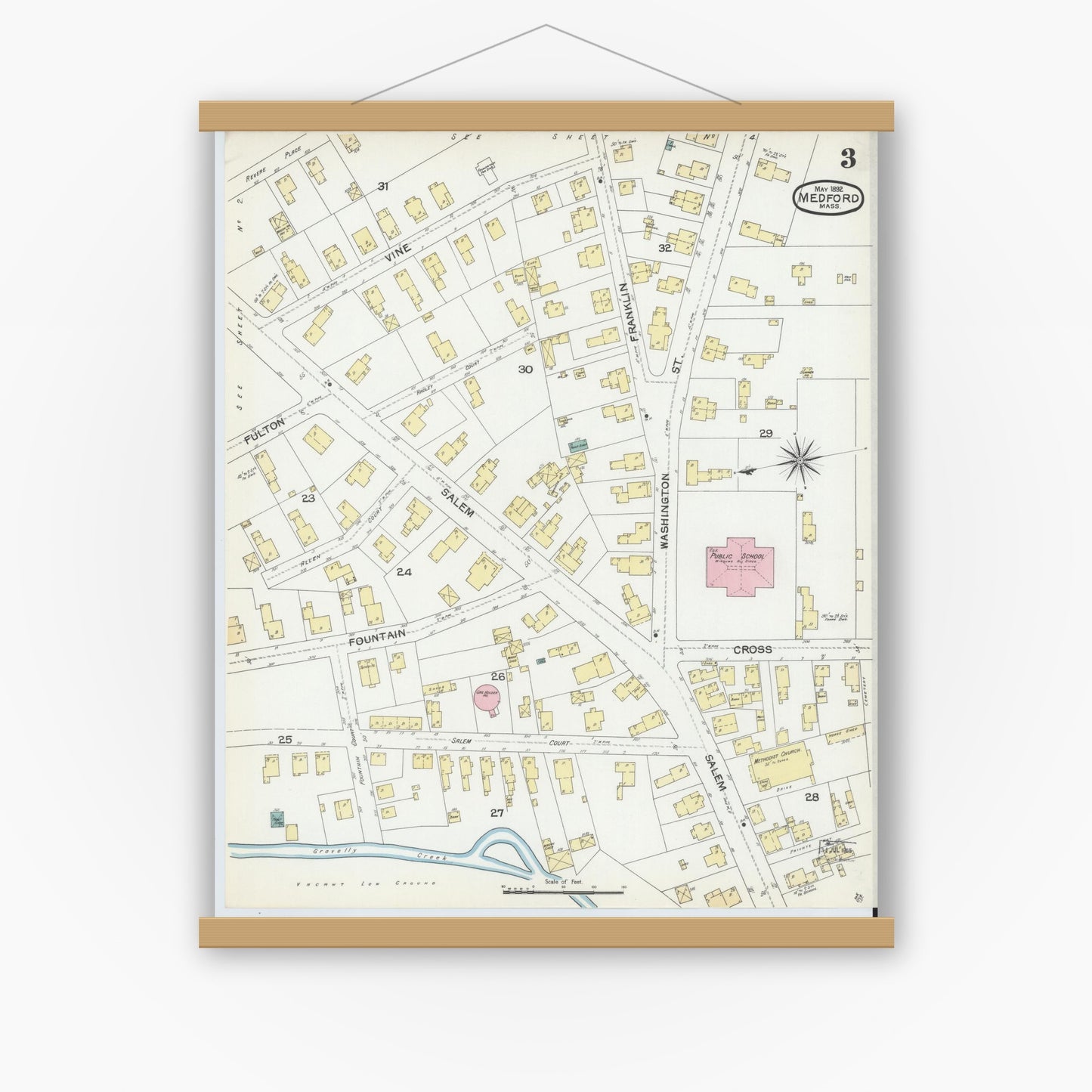Old map wall art mockup — magnetic wood frame on white wall — Sanborn Fire Insurance Map from Medford, Middlesex County, Massachusetts (1892), Sheet #0003