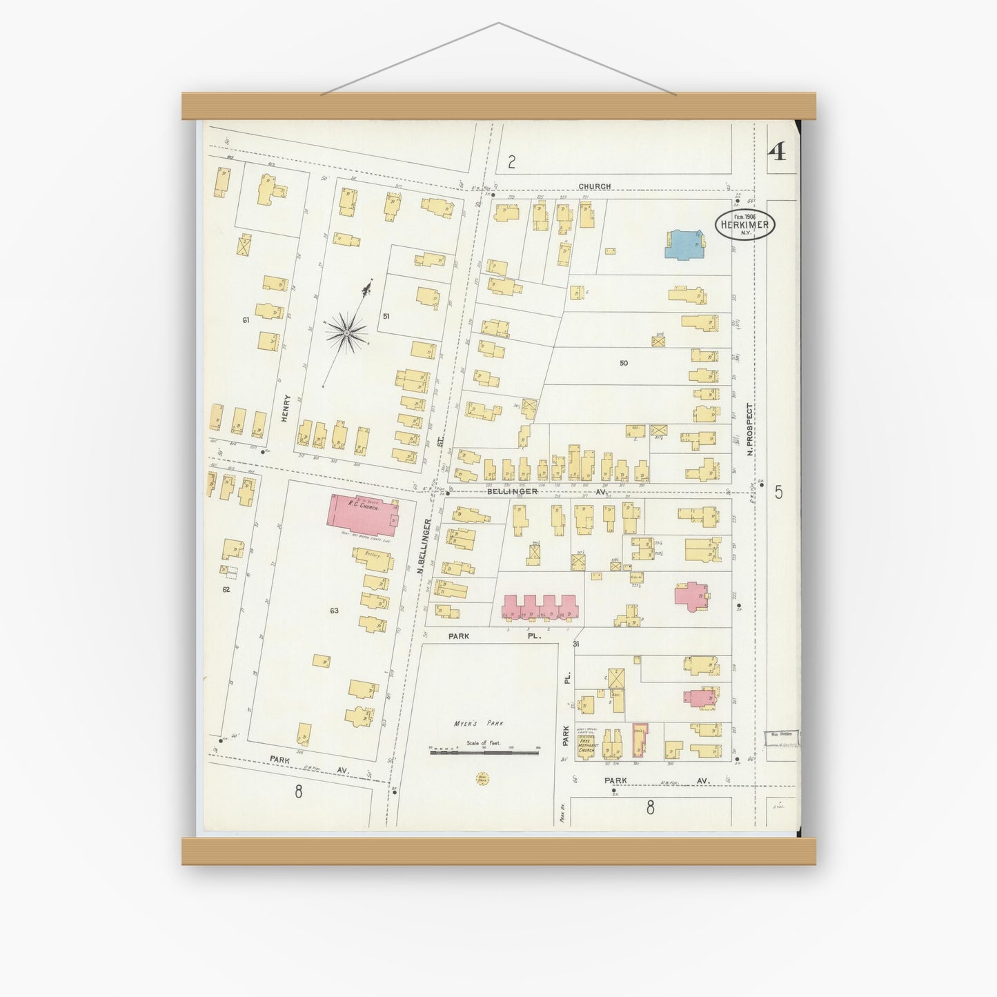 Old map wall art mockup — magnetic wood frame on white wall — Sanborn Fire Insurance Map from Herkimer, Herkimer County, New York (1906), Sheet #0004