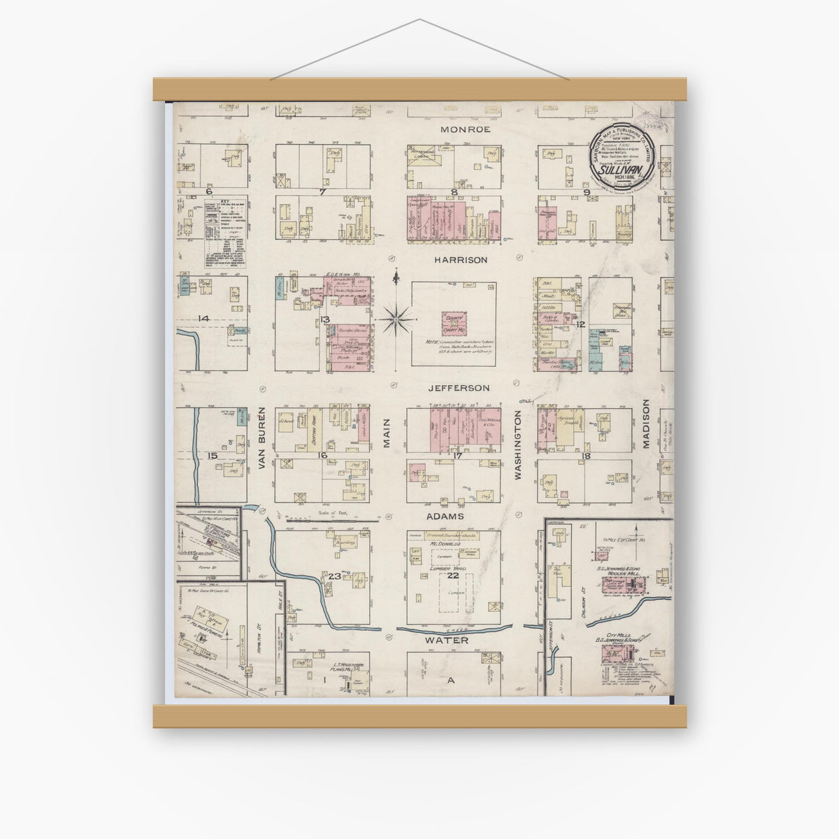 Old map wall art mockup — magnetic wood frame on white wall — Sanborn Fire Insurance Map from Sullivan, Moultrie County, Illinois (1886), Sheet #0001