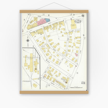 Old map wall art mockup — magnetic wood frame on white wall — Sanborn Fire Insurance Map from Milford, Worcester County, Massachusetts (1910), Sheet #0014