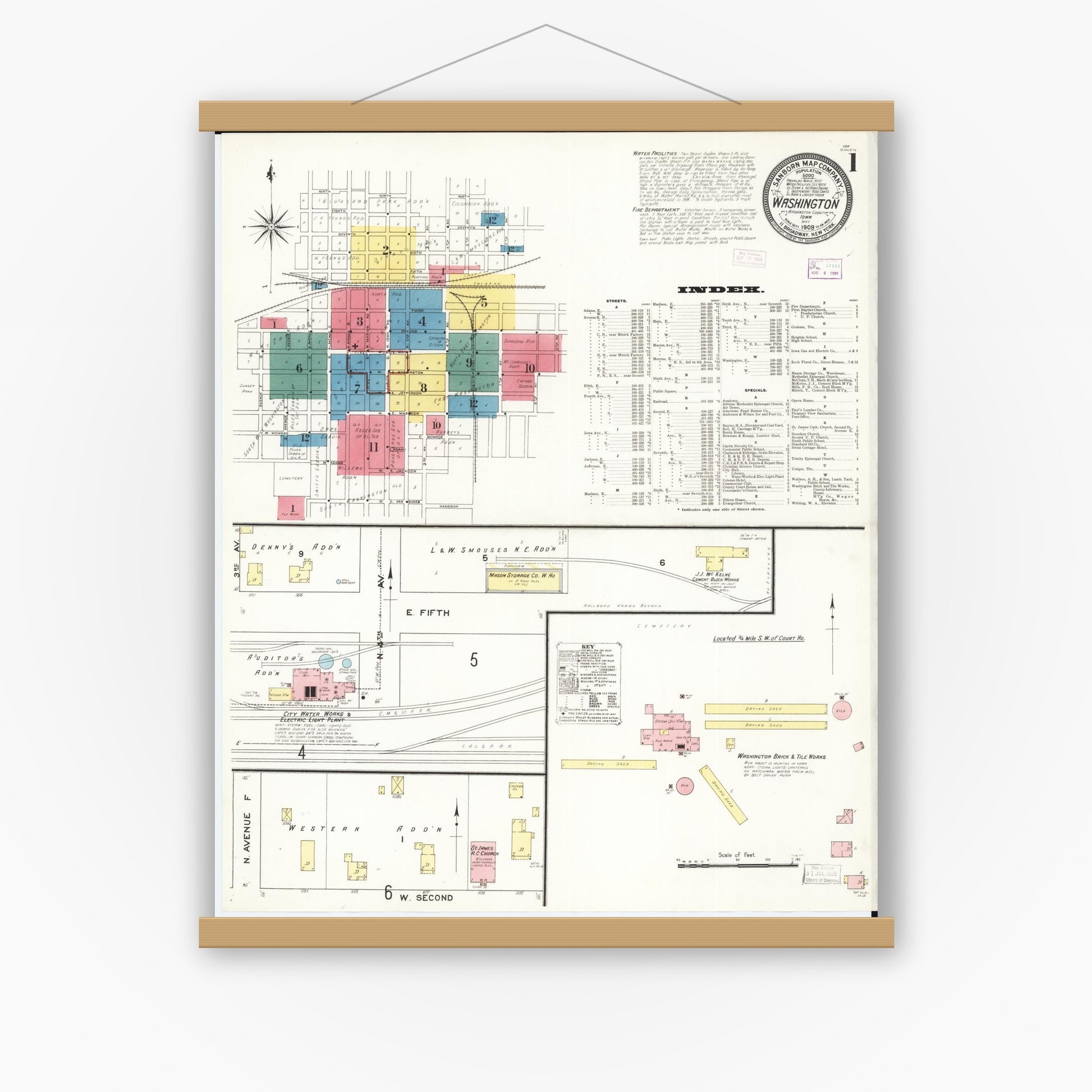 Old map wall art mockup — magnetic wood frame on white wall — Sanborn Fire Insurance Map from Washington, Washington County, Iowa (1909), Sheet #0001