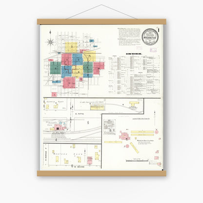 Old map wall art mockup — magnetic wood frame on white wall — Sanborn Fire Insurance Map from Washington, Washington County, Iowa (1909), Sheet #0001