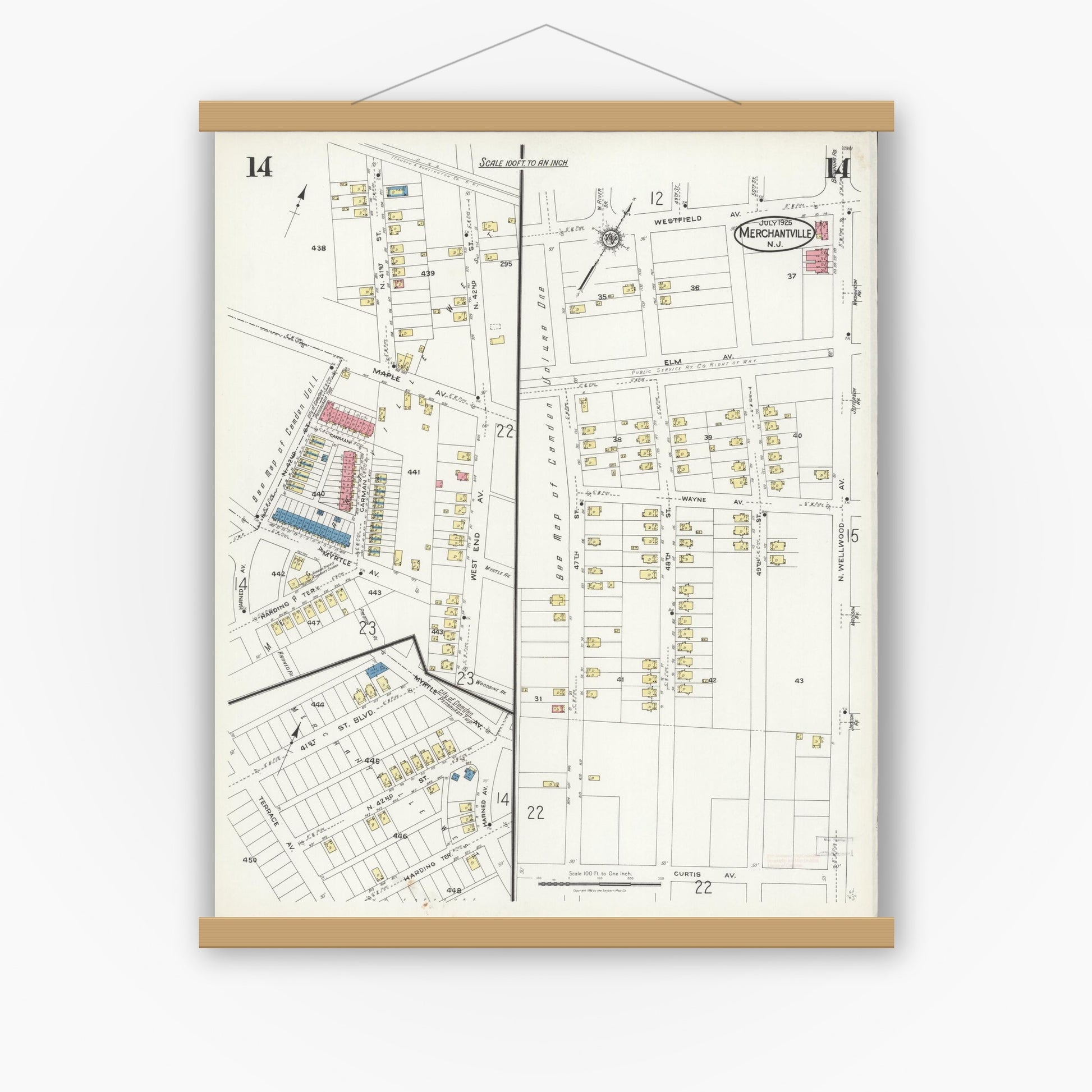 Old map wall art mockup — magnetic wood frame on white wall — Sanborn Fire Insurance Map from Merchantville, Camden County, New Jersey (1925), Sheet #0014