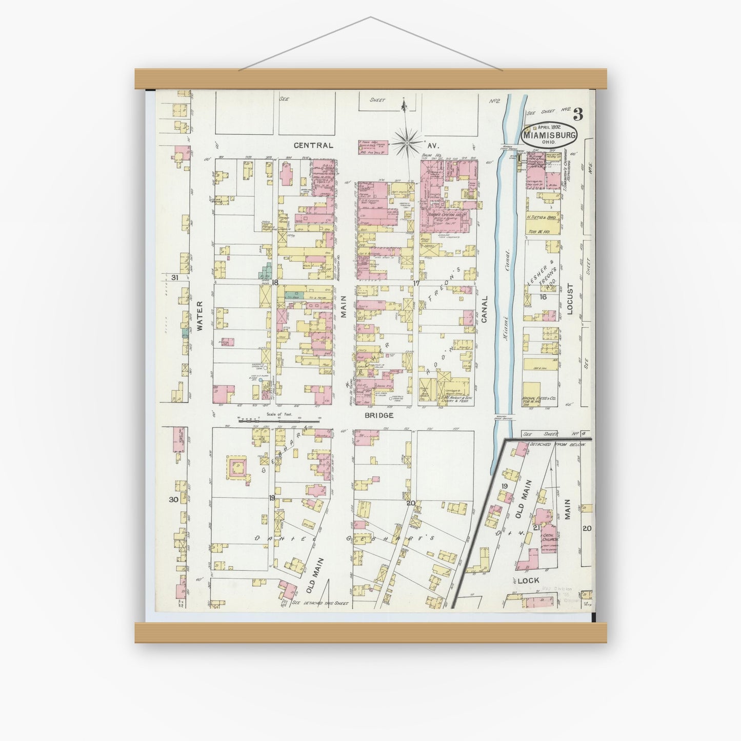 Old map wall art mockup — magnetic wood frame on white wall — Sanborn Fire Insurance Map from Miamisburg, Montgomery County, Ohio (1892), Sheet #0003