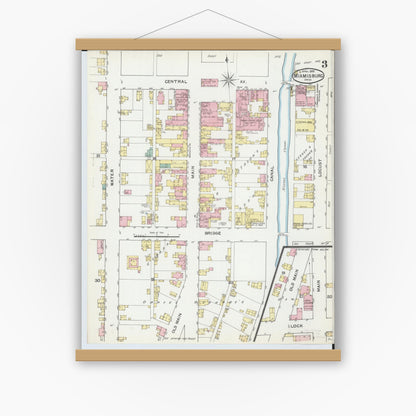Old map wall art mockup — magnetic wood frame on white wall — Sanborn Fire Insurance Map from Miamisburg, Montgomery County, Ohio (1892), Sheet #0003