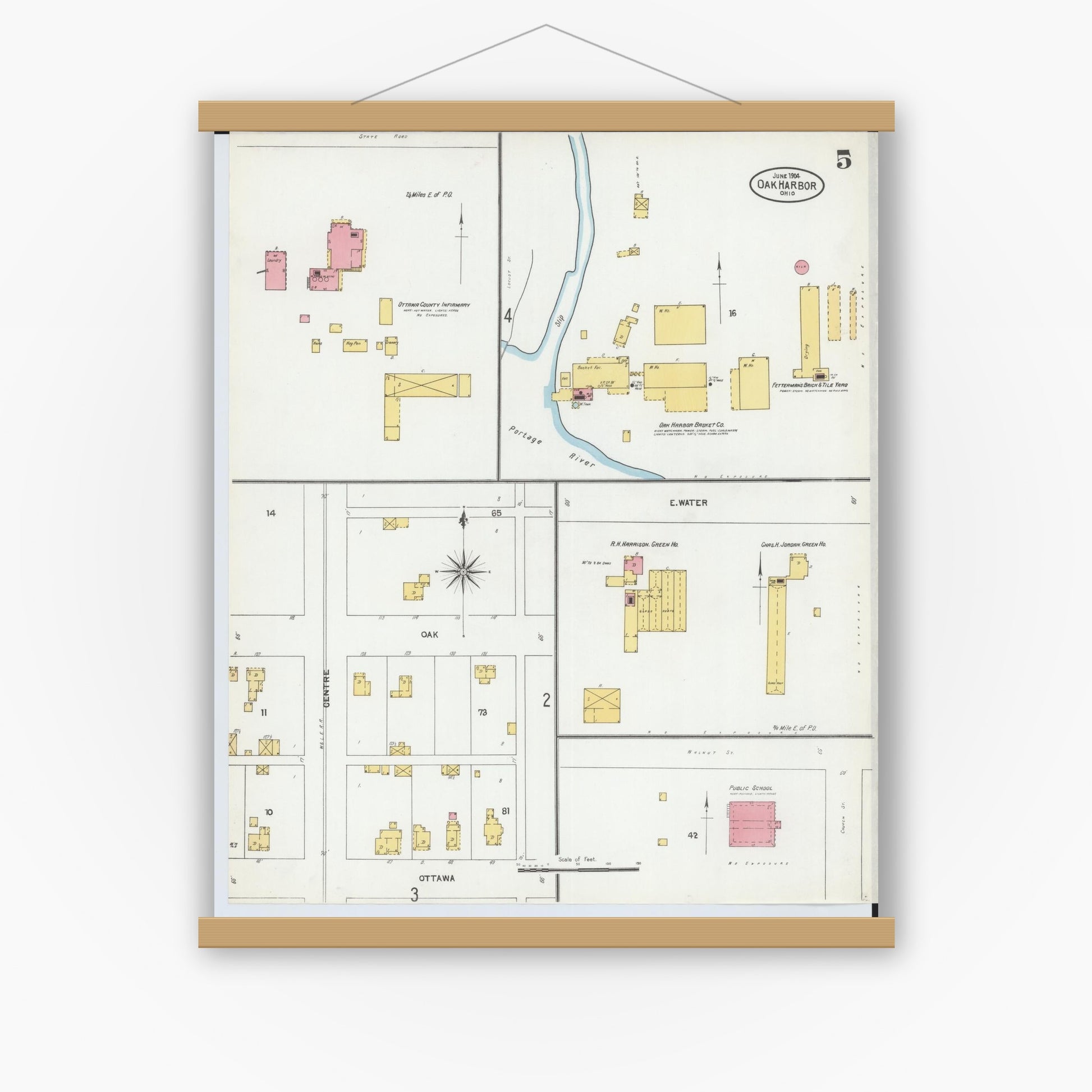 Old map wall art mockup — magnetic wood frame on white wall — Sanborn Fire Insurance Map from Oak Harbor, Ottawa County, Ohio (1904), Sheet #0005