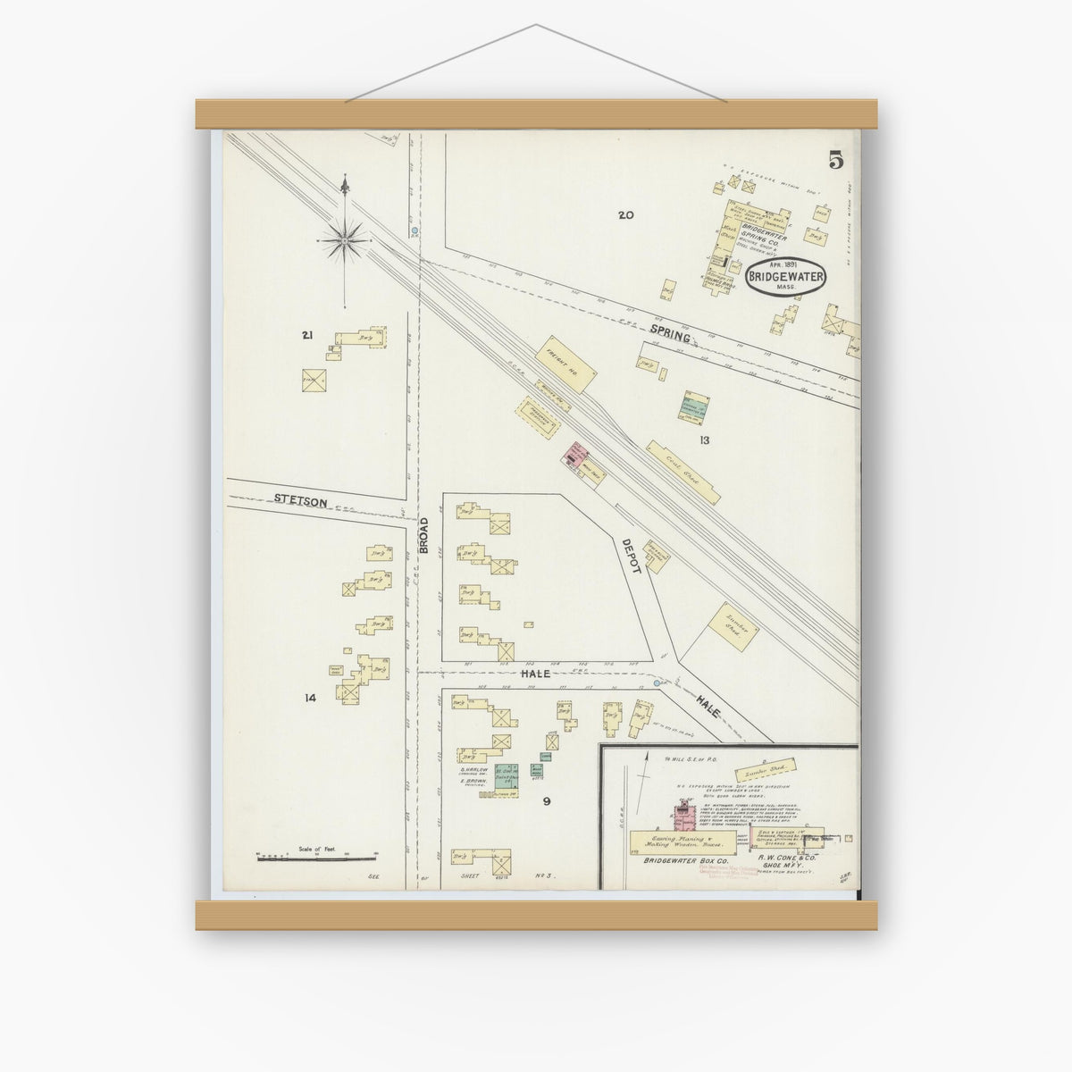 Old map wall art mockup — magnetic wood frame on white wall — Sanborn Fire Insurance Map from Bridgewater, Plymouth County, Massachusetts (1891), Sheet #0005