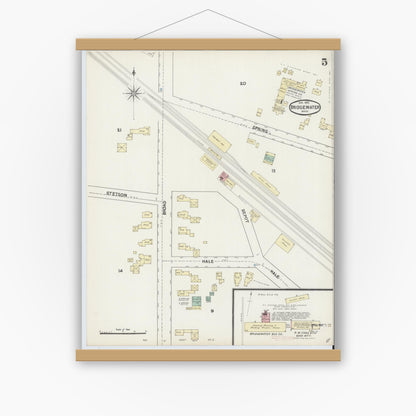 Old map wall art mockup — magnetic wood frame on white wall — Sanborn Fire Insurance Map from Bridgewater, Plymouth County, Massachusetts (1891), Sheet #0005