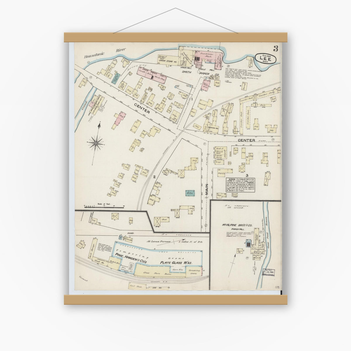 Old map wall art mockup — magnetic wood frame on white wall — Sanborn Fire Insurance Map from Lee, Berkshire County, Massachusetts (1884), Sheet #0003