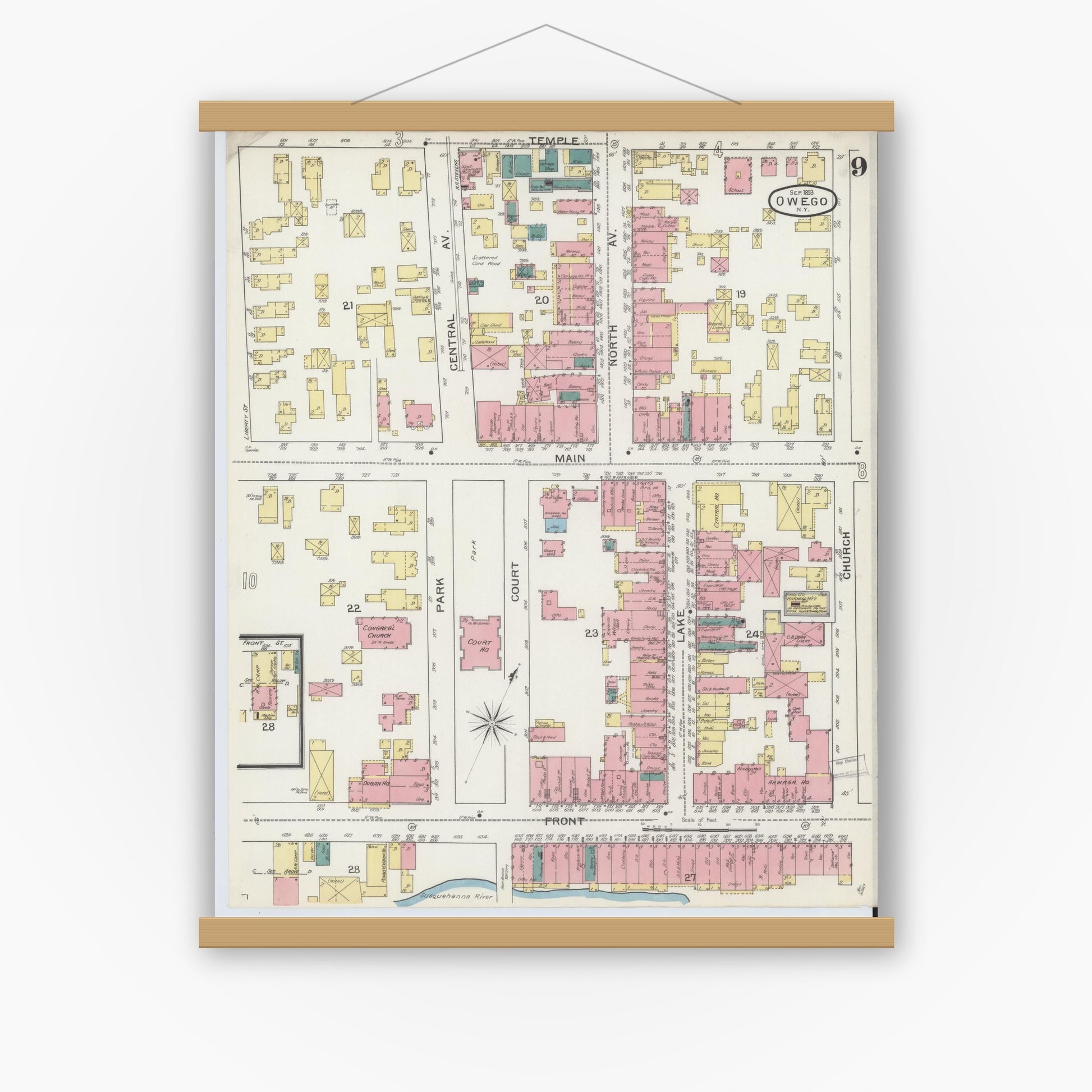 Old map wall art mockup — magnetic wood frame on white wall — Sanborn Fire Insurance Map from Owego, Tioga County, New York (1893), Sheet #0009