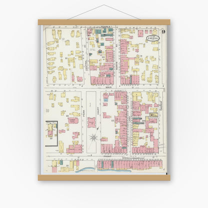 Old map wall art mockup — magnetic wood frame on white wall — Sanborn Fire Insurance Map from Owego, Tioga County, New York (1893), Sheet #0009