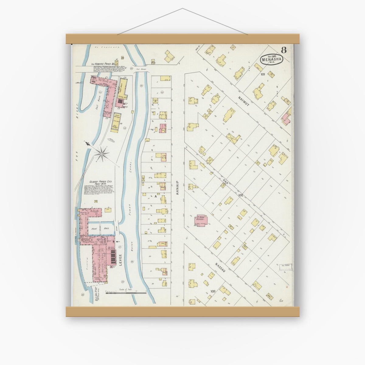 Old map wall art mockup — magnetic wood frame on white wall — Sanborn Fire Insurance Map from Menasha, Winnebago County, Wisconsin (1895), Sheet #0008