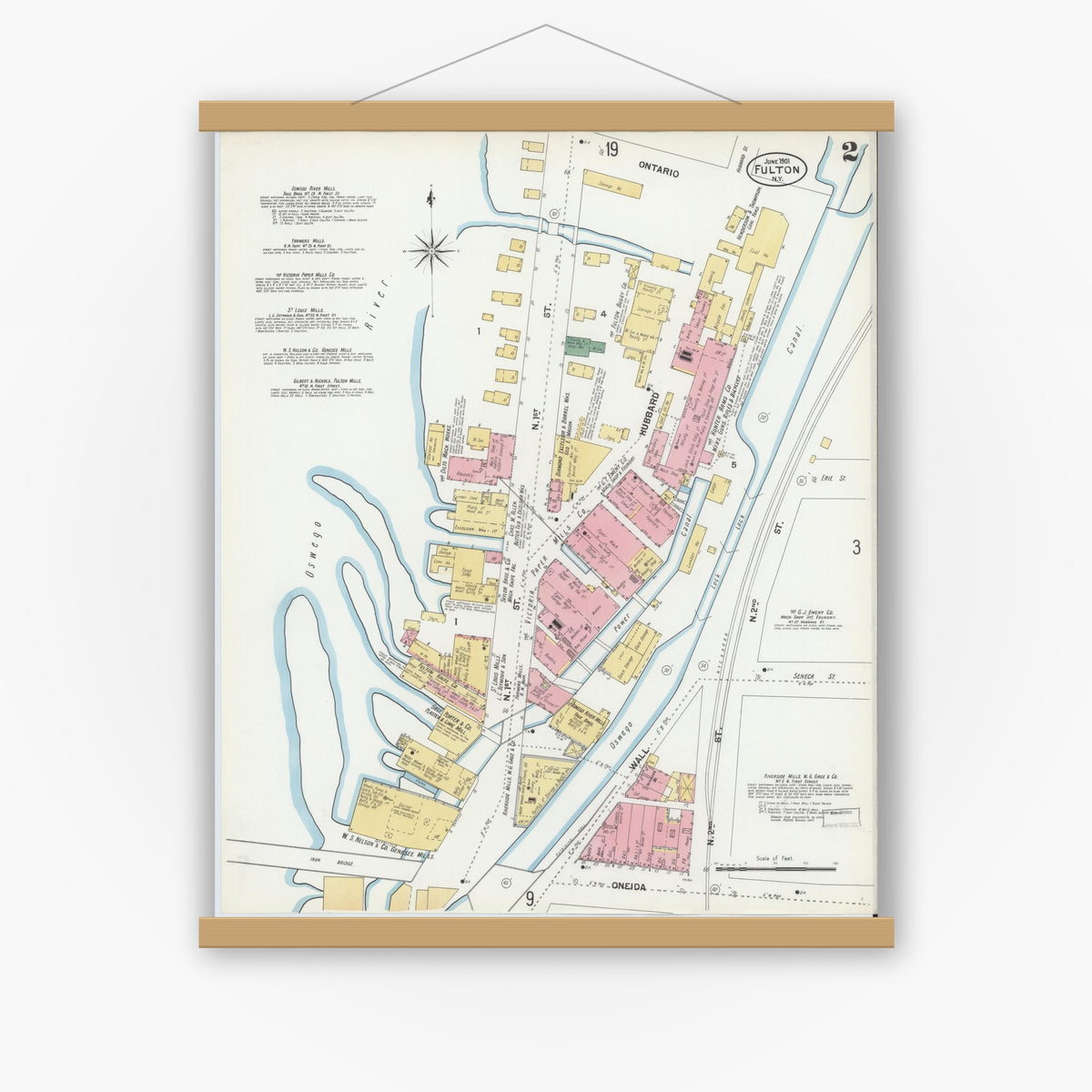 Old map wall art mockup — magnetic wood frame on white wall — Sanborn Fire Insurance Map from Fulton, Oswego County, New York (1901) - Complete Map Set