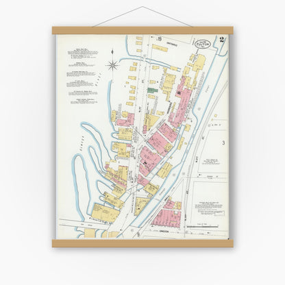 Old map wall art mockup — magnetic wood frame on white wall — Sanborn Fire Insurance Map from Fulton, Oswego County, New York (1901) - Complete Map Set