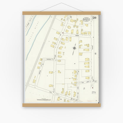 Old map wall art mockup — magnetic wood frame on white wall — Sanborn Fire Insurance Map from Webster, Worcester County, Massachusetts (1911), Sheet #0020