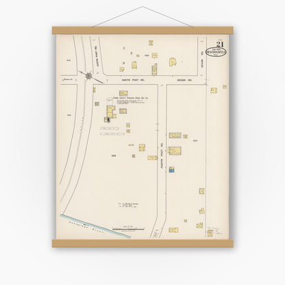 Old map wall art mockup — magnetic wood frame on white wall — Sanborn Fire Insurance Map from New Braunfels, Comal County, Texas (1922), Sheet #0021